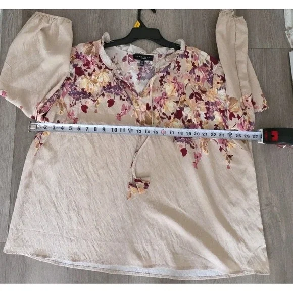 Como Black Woman 2X Floral Tie Neck Blouse Long Sleeve Rayon Beige - Picture 11 of 12